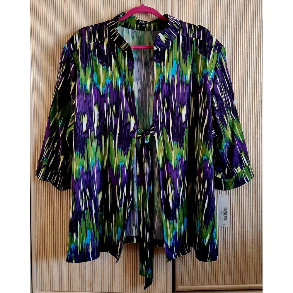 Vikki Vi Women's Over Blouse Size 3X Purple Green Abstract Front Tie Cardigan
